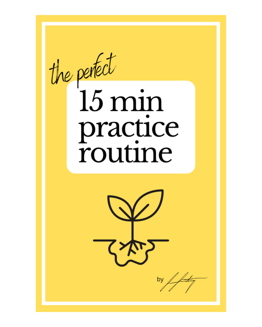 Yellow E-book cover text "the perfect 15 min practice routine". Learn bansuri